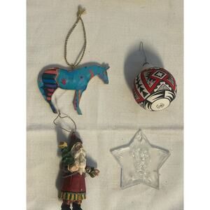 Set of 4 Vintage Ornaments, Horse, Santa, Mickey Mouse SnowFlake, and PuebloKimo